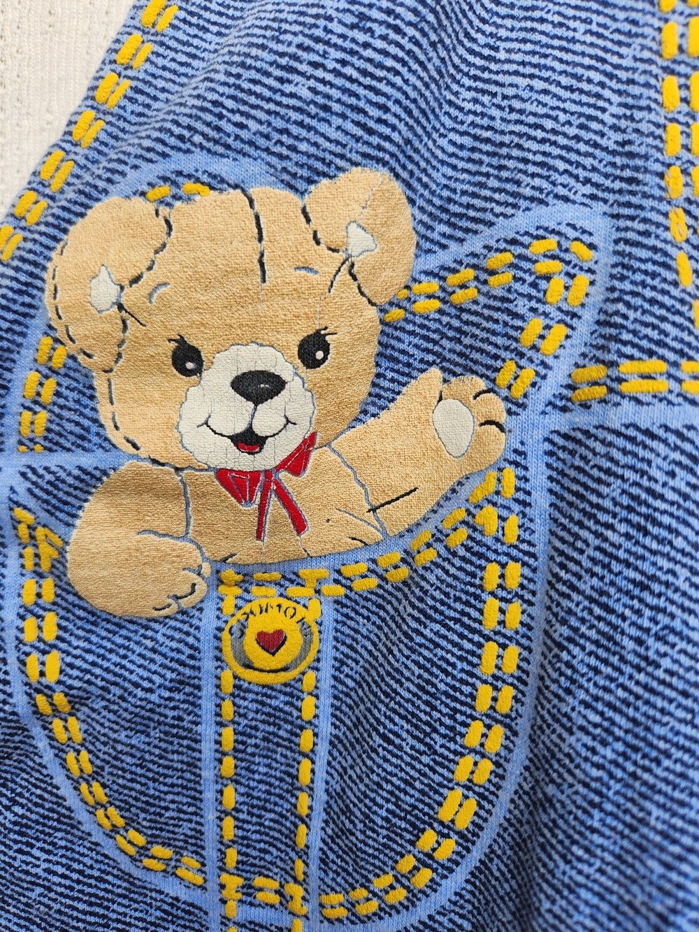 Kids RARE Cream Long-Sleeve Top with Blue Faux-Denim Vest and Bear Detail - Picture 9 of 12